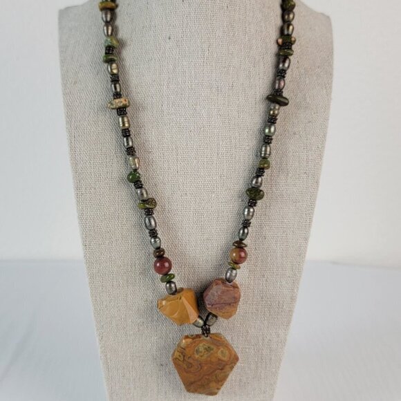 Vintage Artisan Agate Gemstone And Natural Pearl Bead Statement Necklace 21.5 In